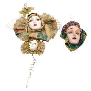 2 Decorative Porcelain Ceramic Mardi Gras Masks Wall Hangings Gold Jewel Tone